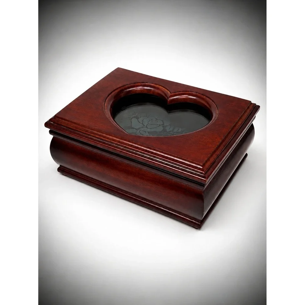 Vintage Style Cherry Wood Jewelry Box Heart Etched Rose Glass Lid Green Velvet